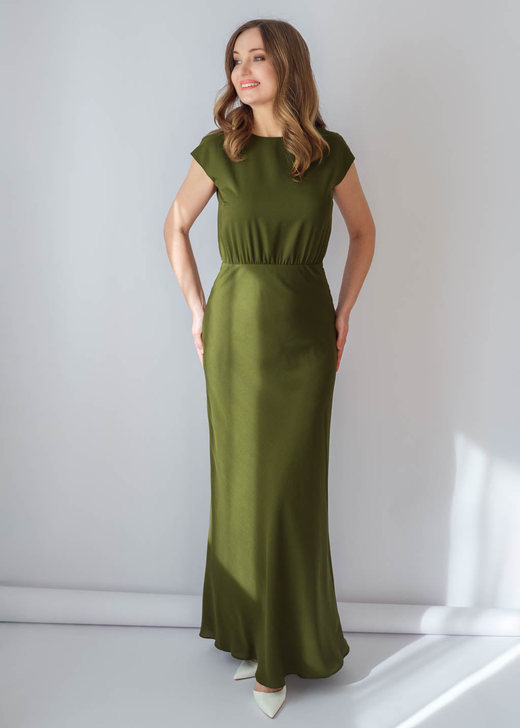 Olive Green Chiffon Long Dress with Cape