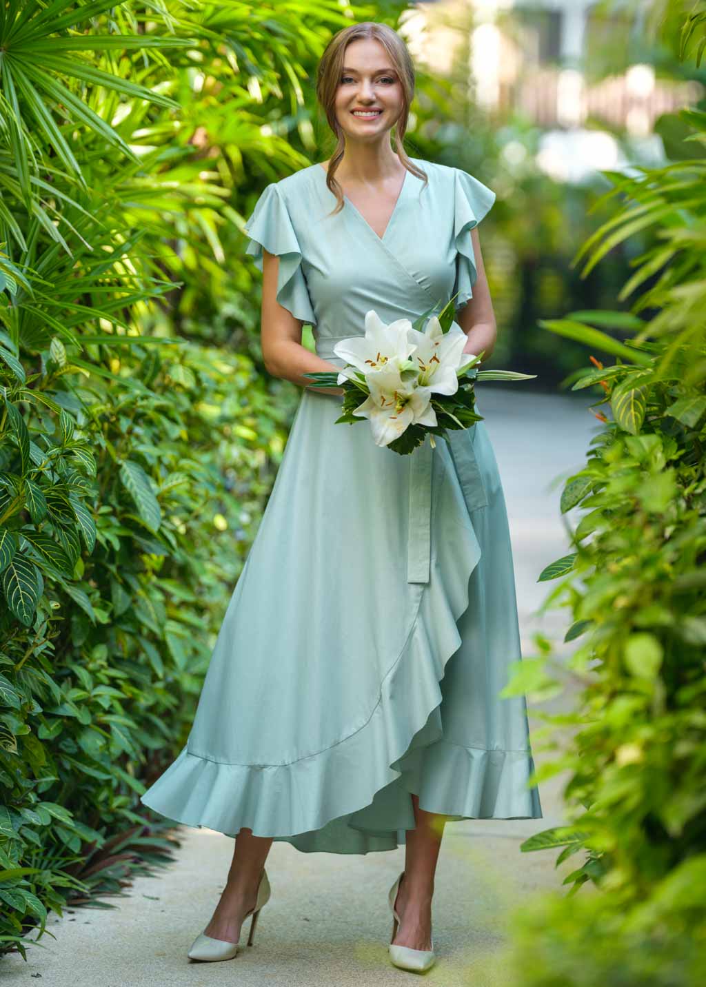 Sage green organic cotton wrap dress