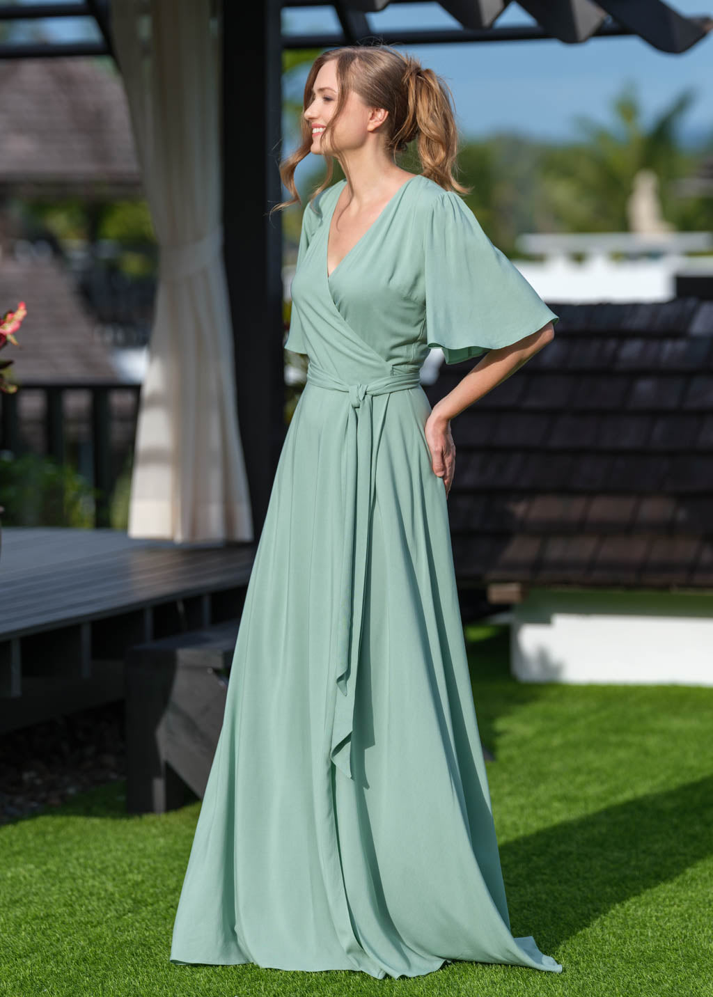 Sage Green romantic wrap dress