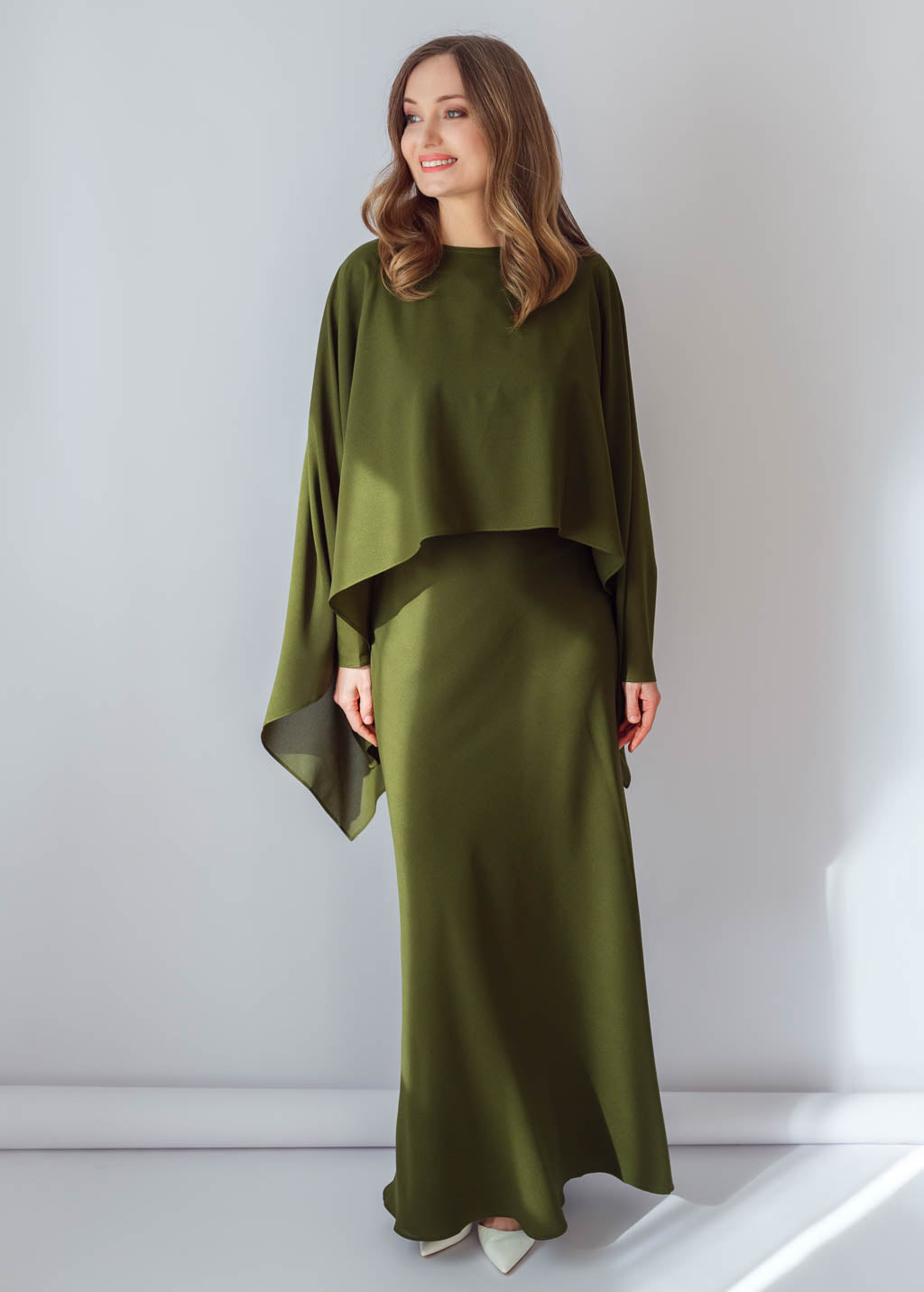 Olive Green Chiffon Long Dress with Cape