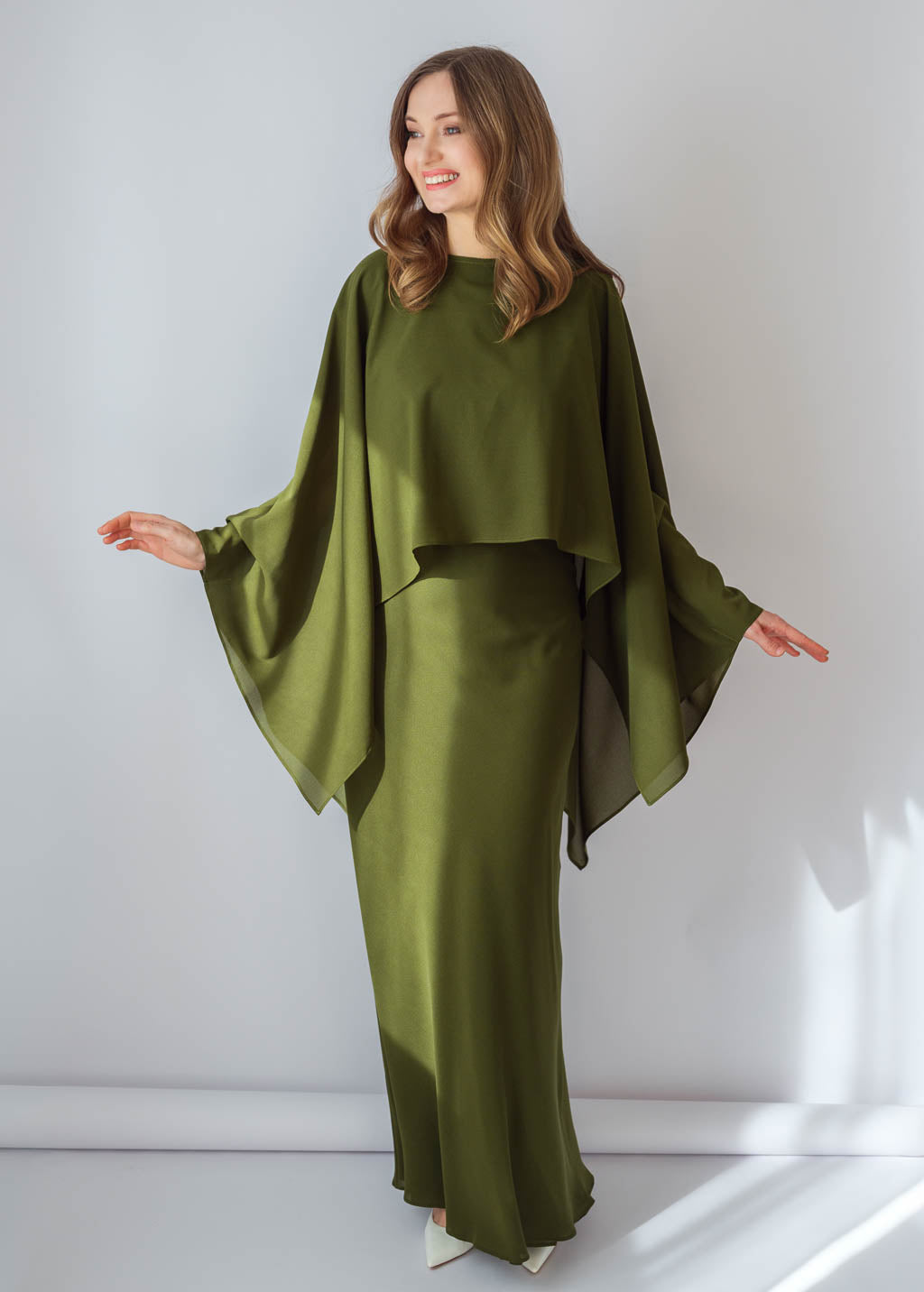 Olive Green Chiffon Long Dress with Cape