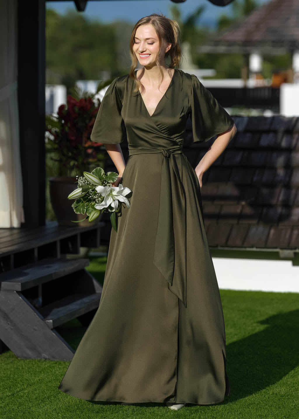 Dark olive wrap long dress