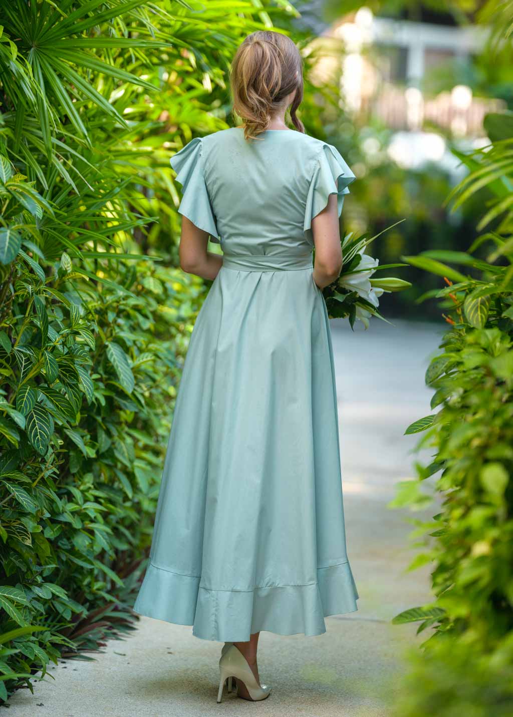 Sage green organic cotton wrap dress