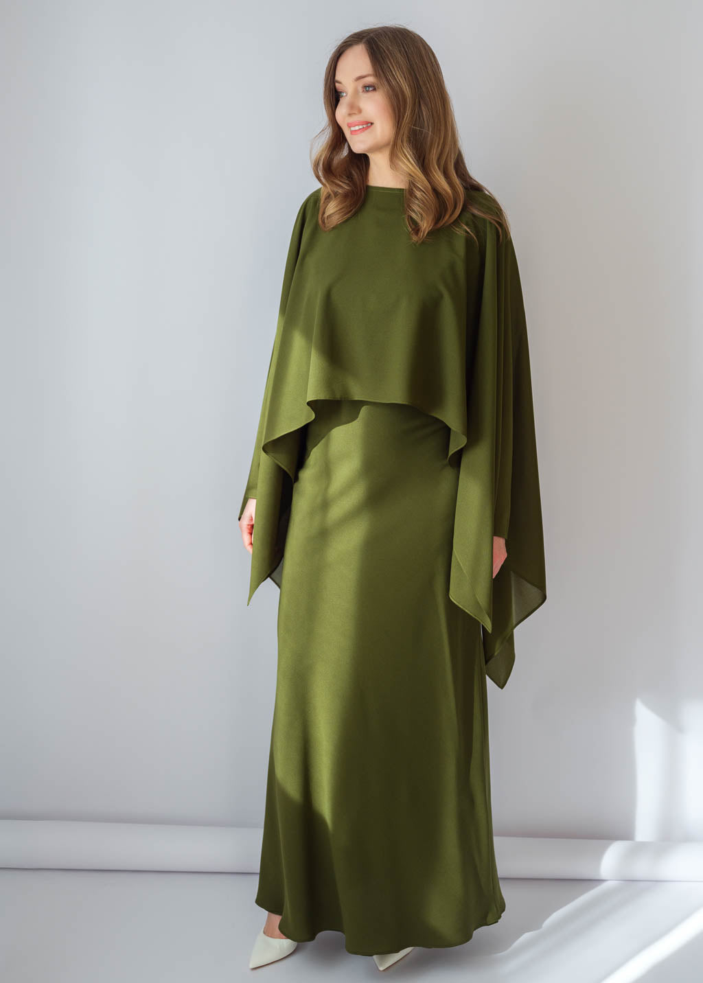 Olive Green Chiffon Long Dress with Cape