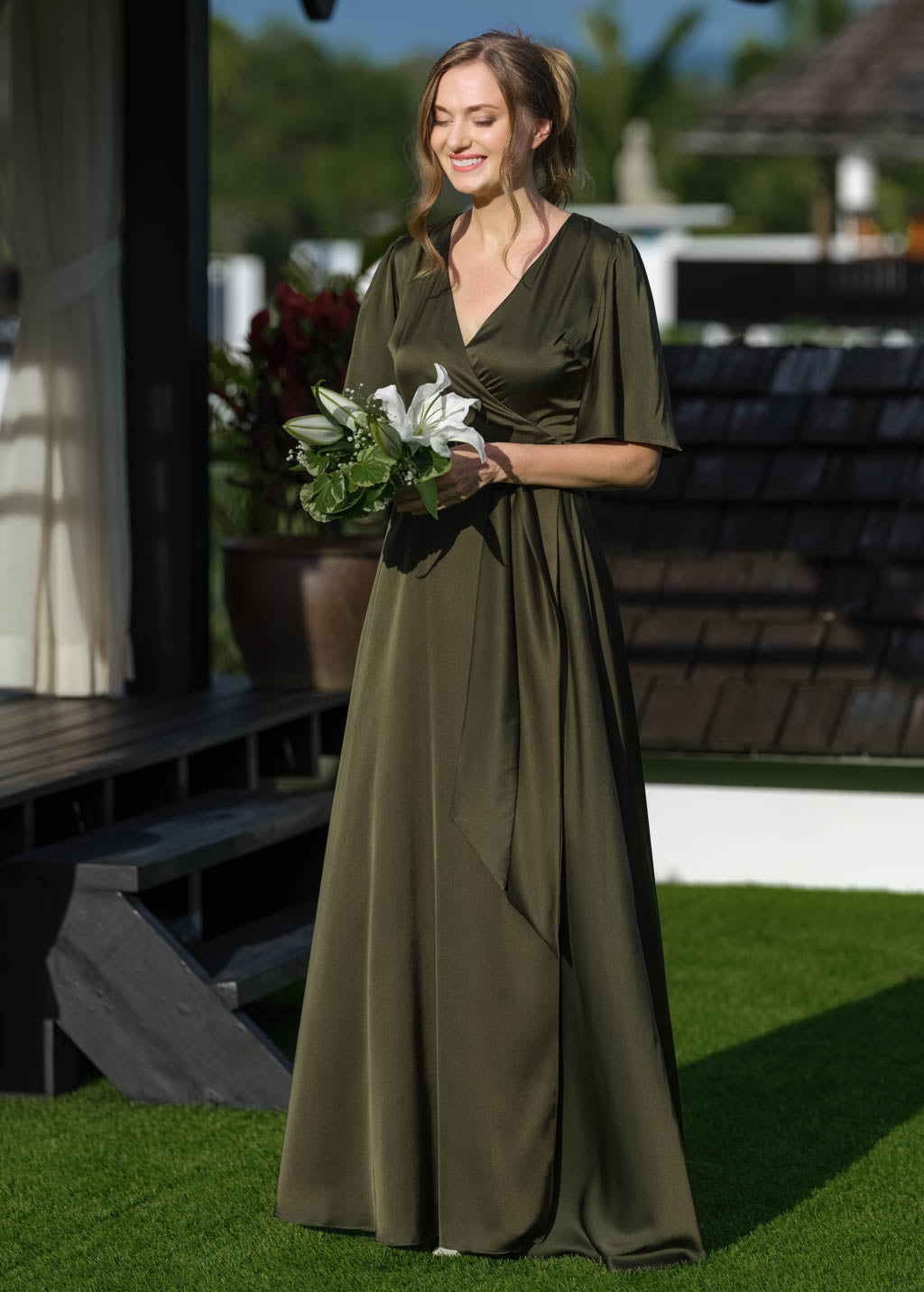 Dark Olive Long Silk Satin Wrap Maxi Bridesmaid Dress ENME.ME Dark Olive Long Silk Satin Wrap Maxi Bridesmaid Dress ENME.ME