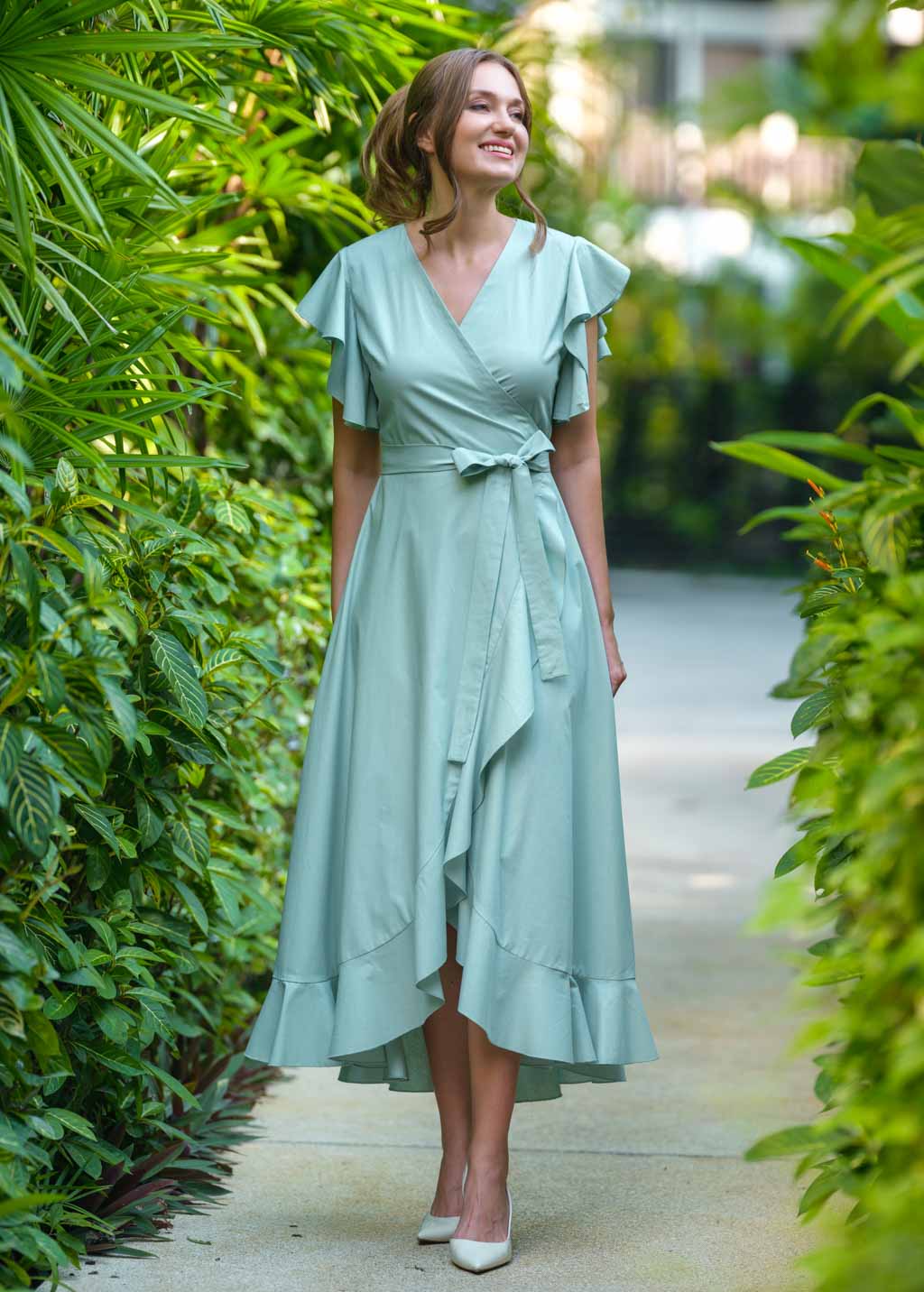 Sage green organic cotton wrap dress