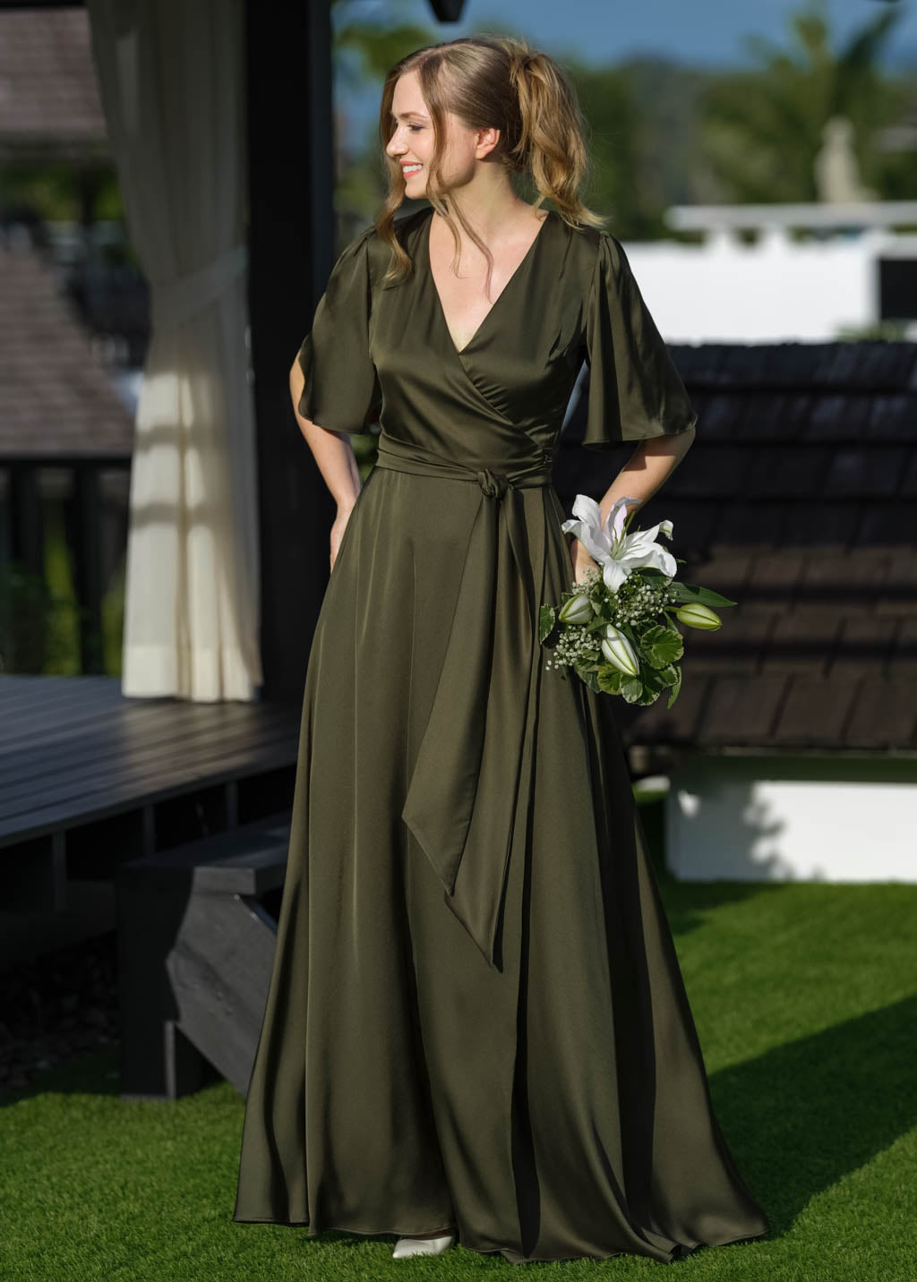 Dark olive wrap long dress