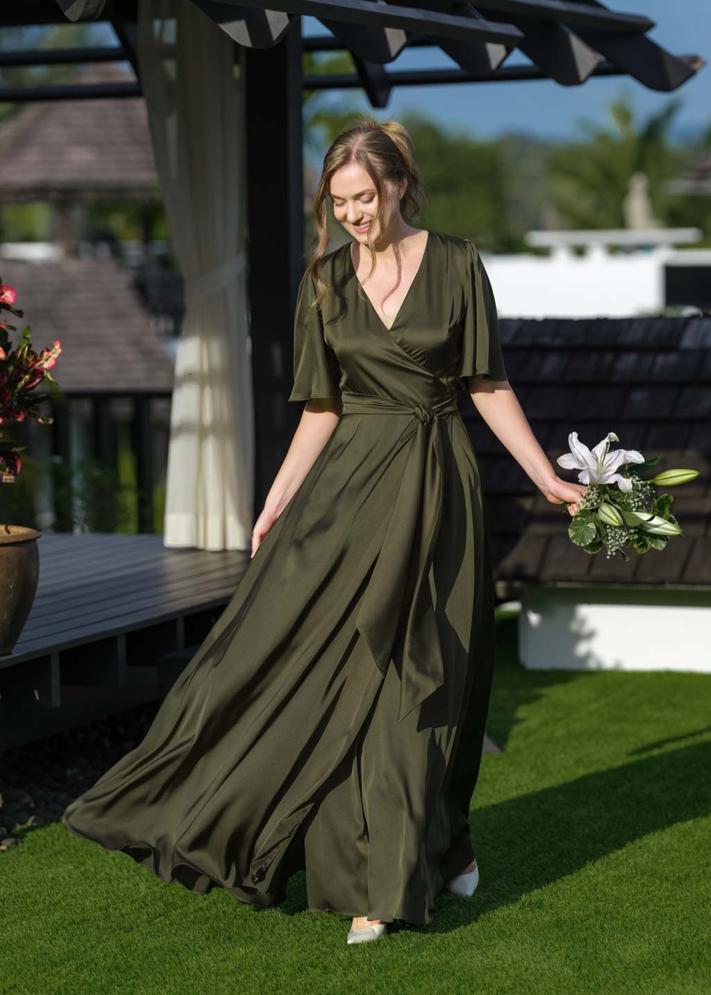 Dark olive wrap long dress