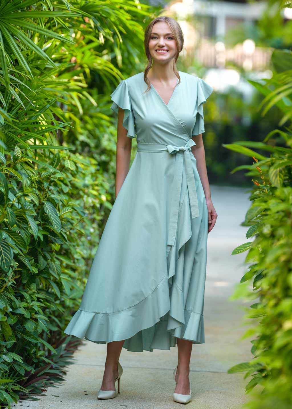 Sage green organic cotton wrap dress