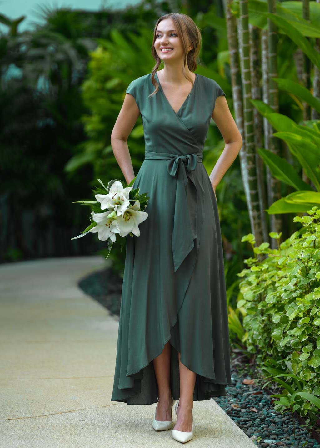 Dark green romantic wrap dress