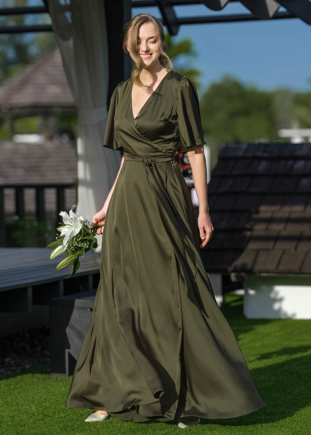 Dark olive wrap long dress