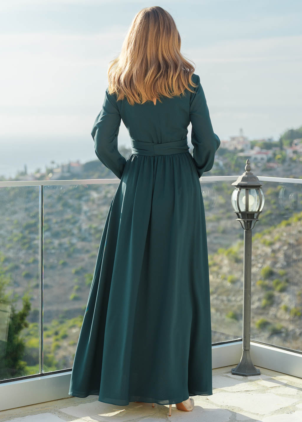 Chiffon dark green dress with belt