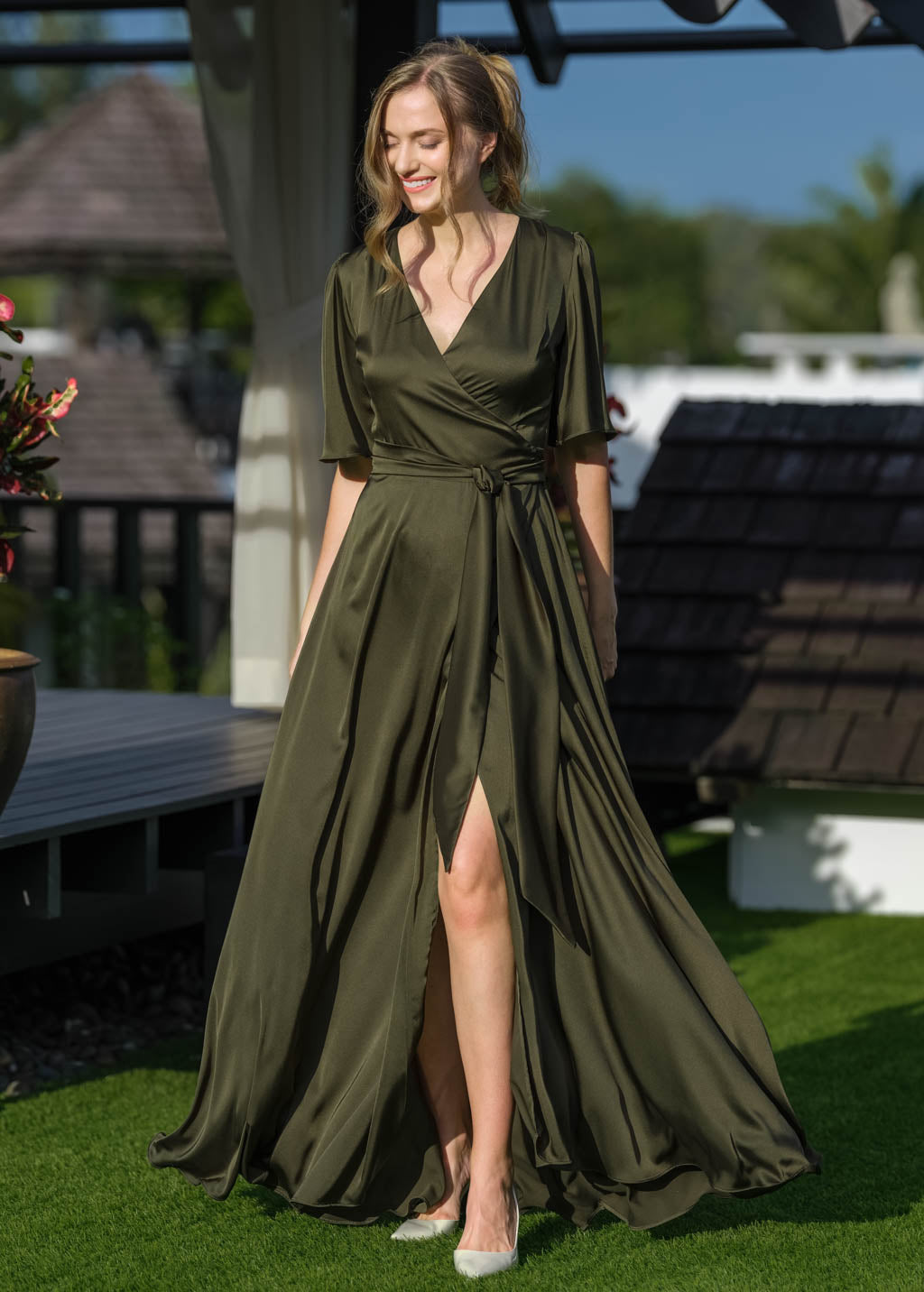 Dark Olive Long Silk Satin Wrap Maxi Bridesmaid Dress ENME.ME Dark Olive Long Silk Satin Wrap Maxi Bridesmaid Dress ENME.ME