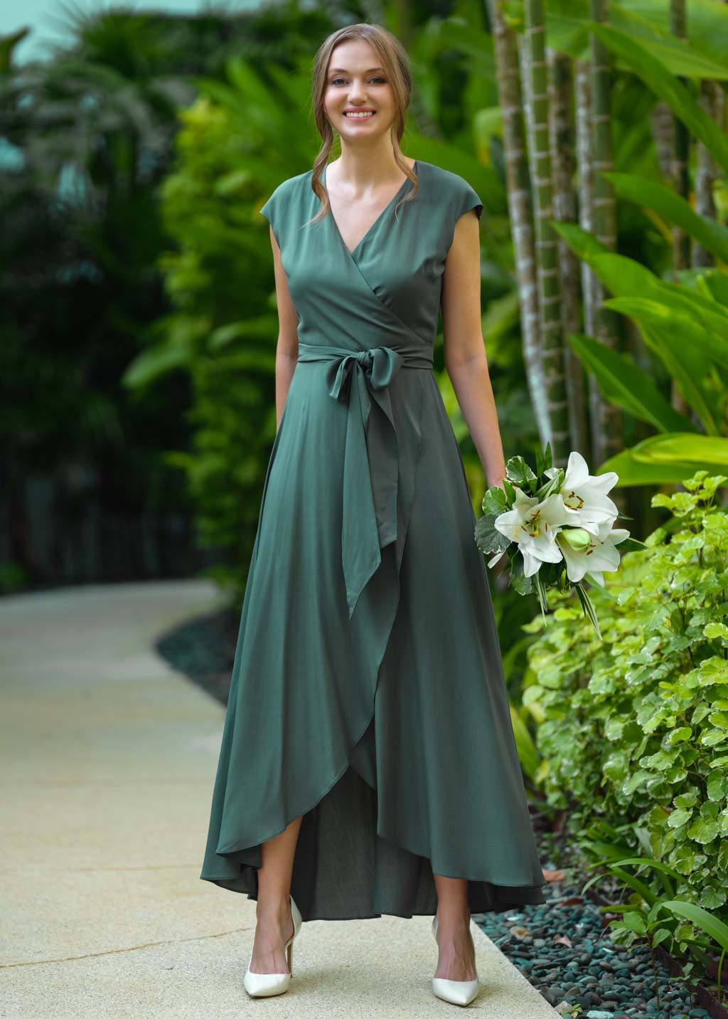 Dark green romantic wrap dress