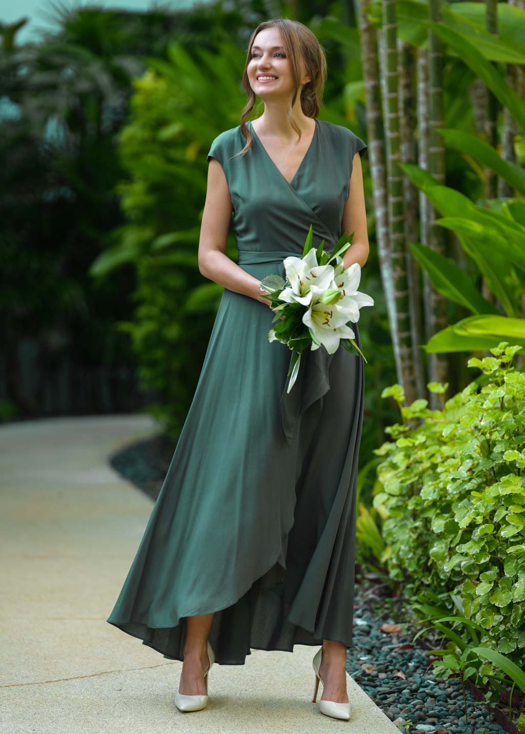 Dark green romantic wrap dress