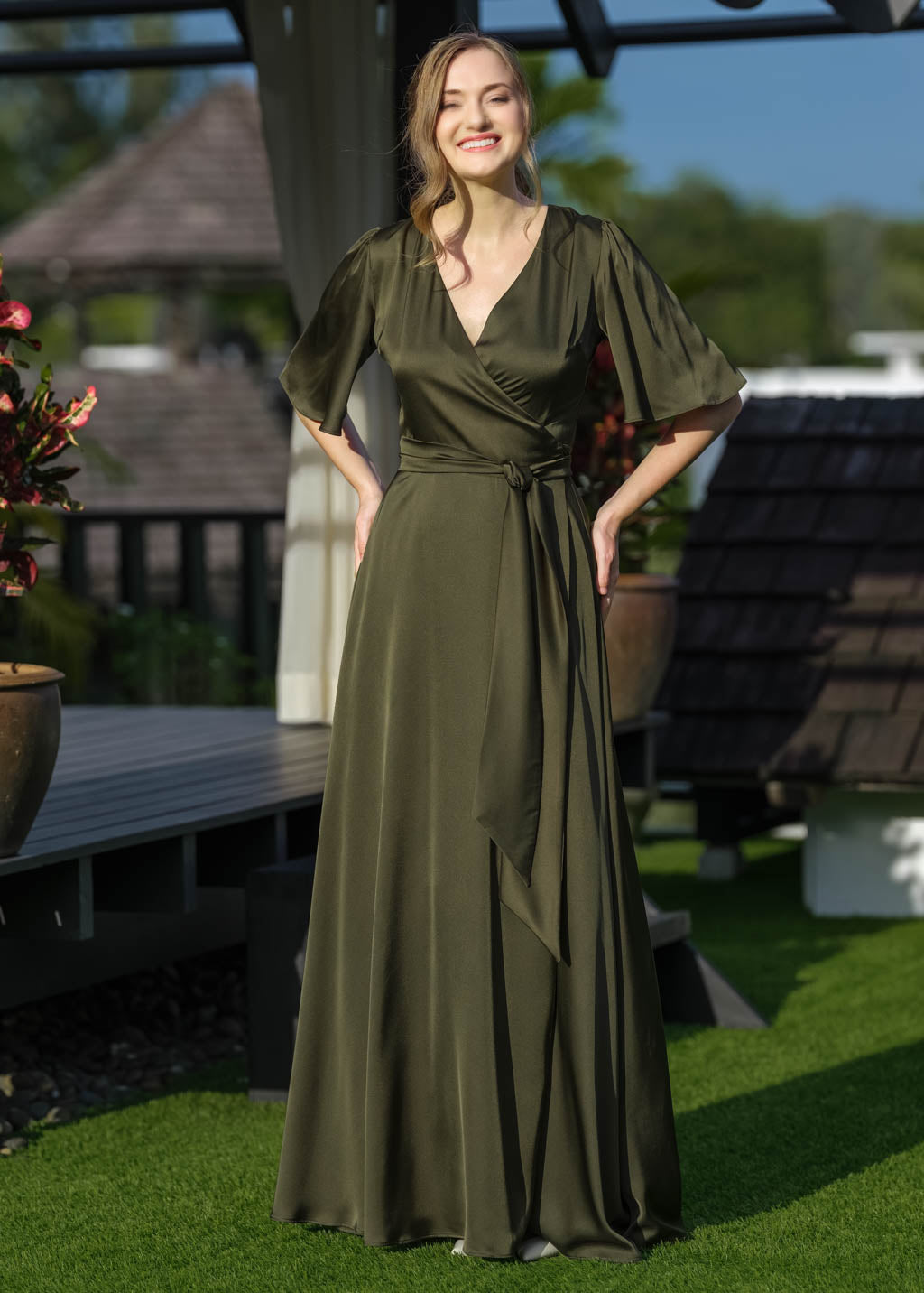 Dark olive wrap long dress