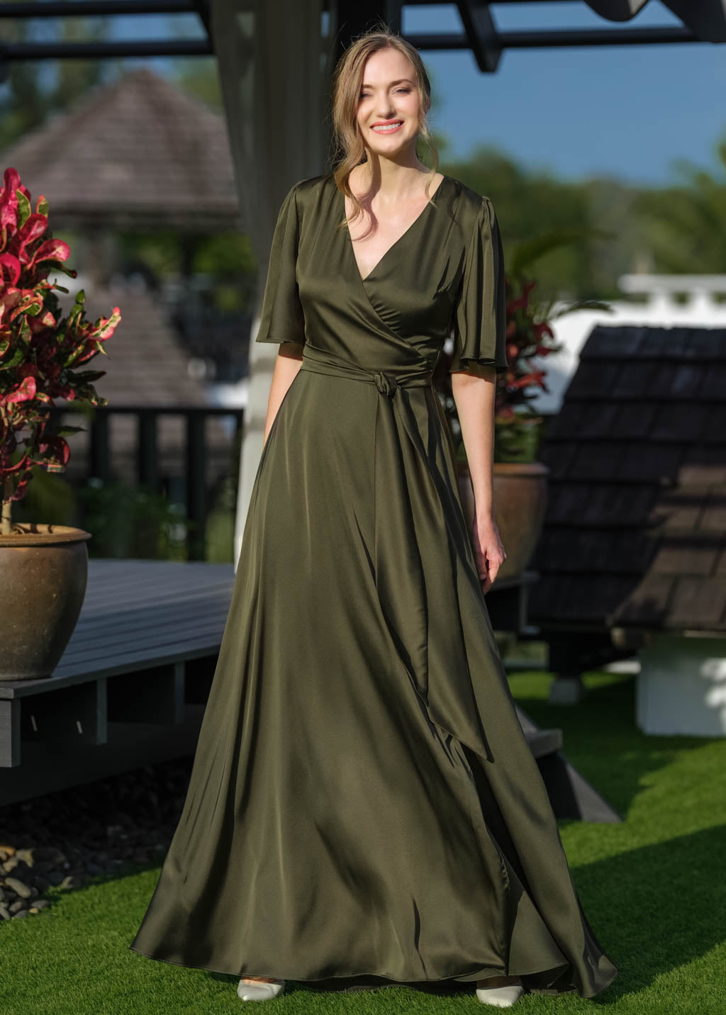 Dark olive wrap long dress