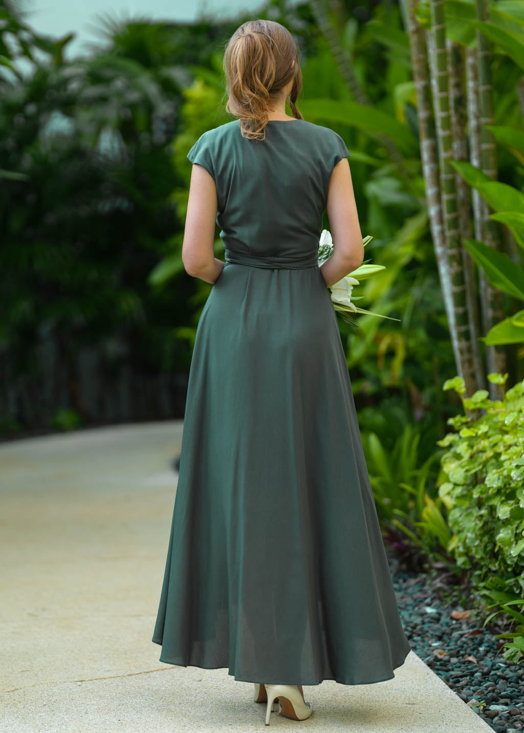 Dark green romantic wrap dress