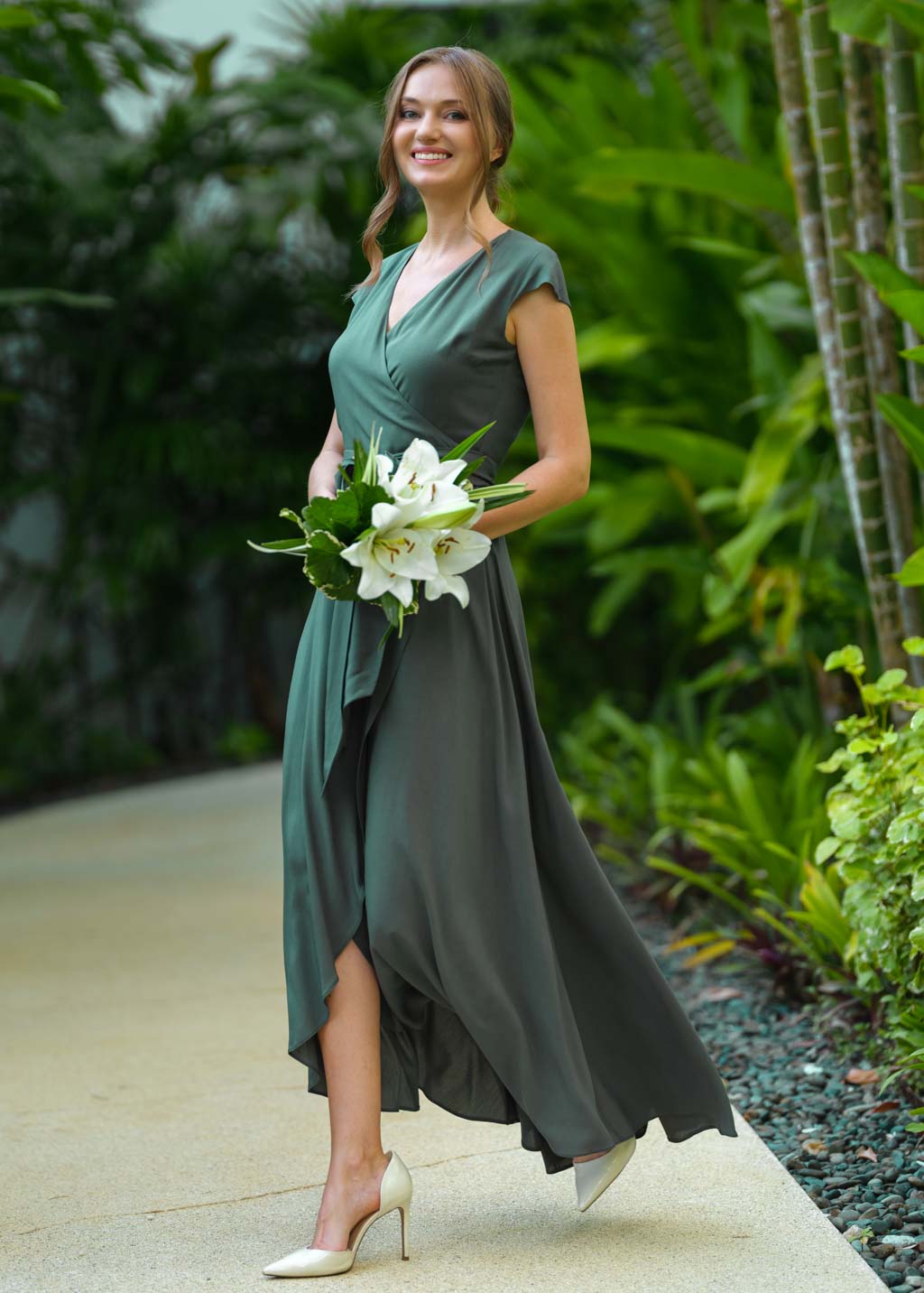 Dark green romantic wrap dress