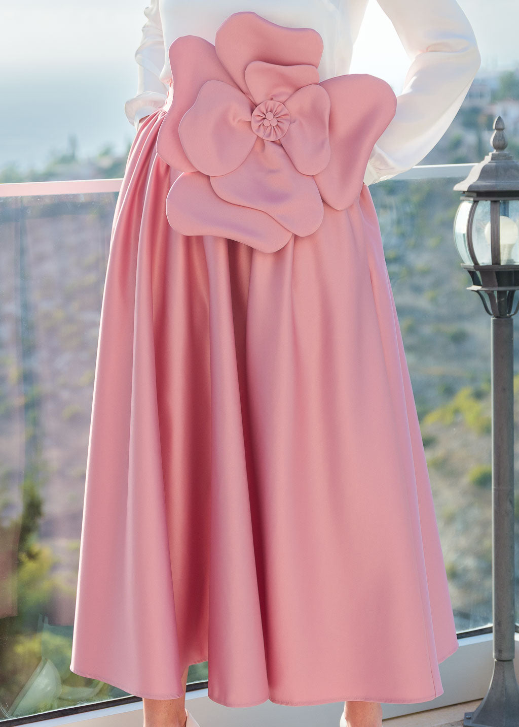 Champagne Rose Luxury Satin Midi Skirt with Detachable Hand Made Flower