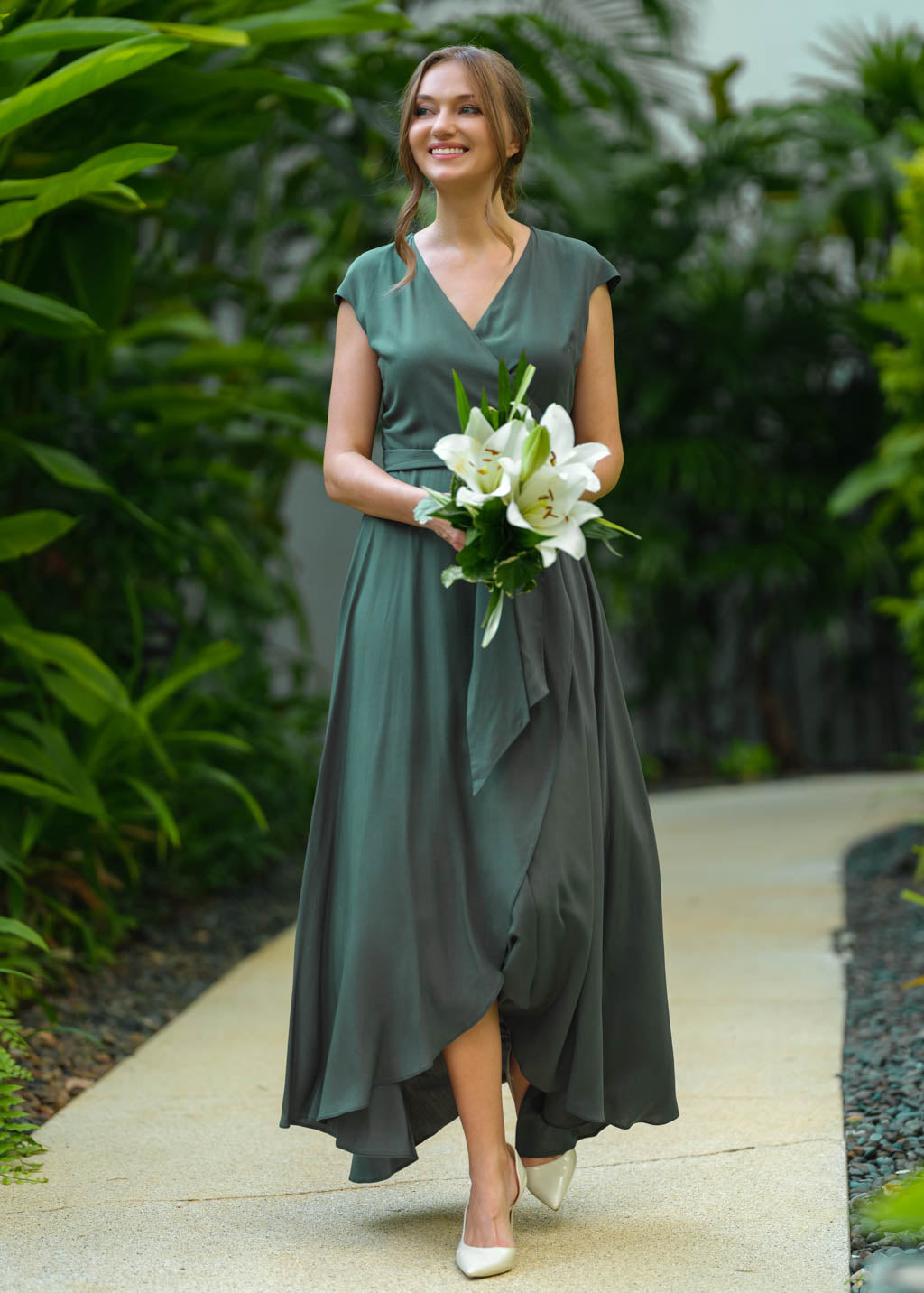Dark green romantic wrap dress