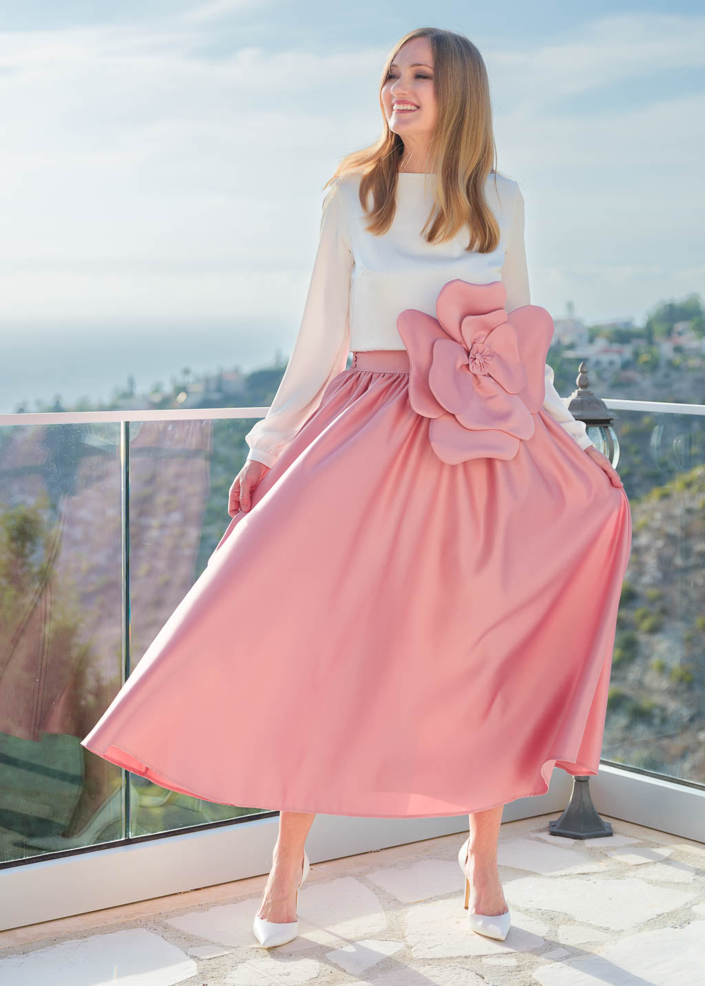 Champagne Rose Luxury Satin Midi Skirt with Detachable Hand Made Flower