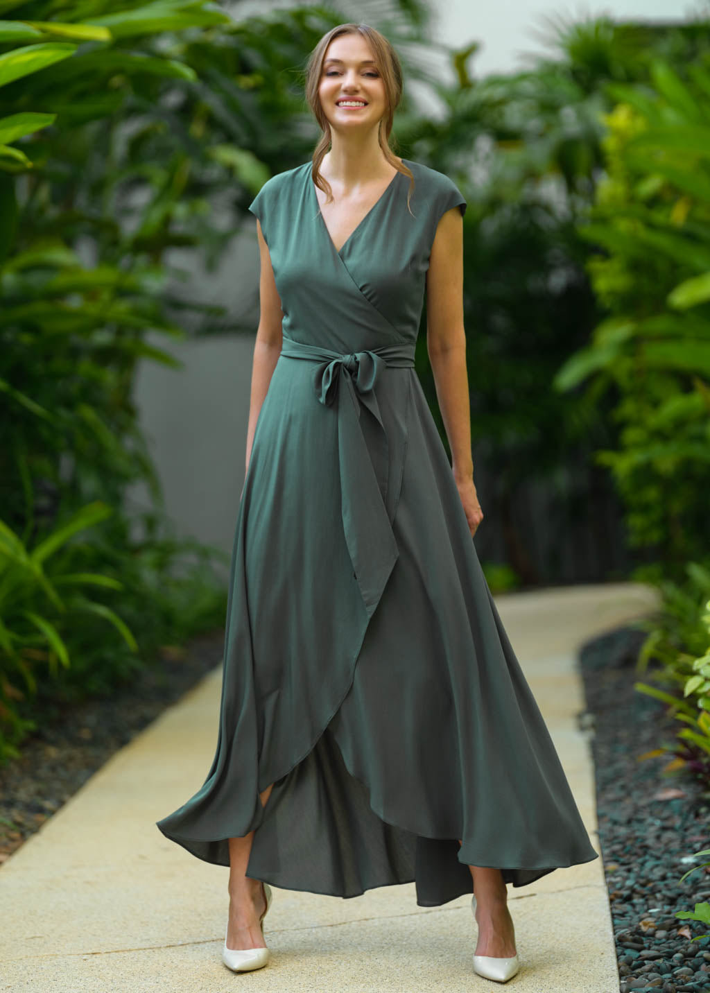 Dark green romantic wrap dress