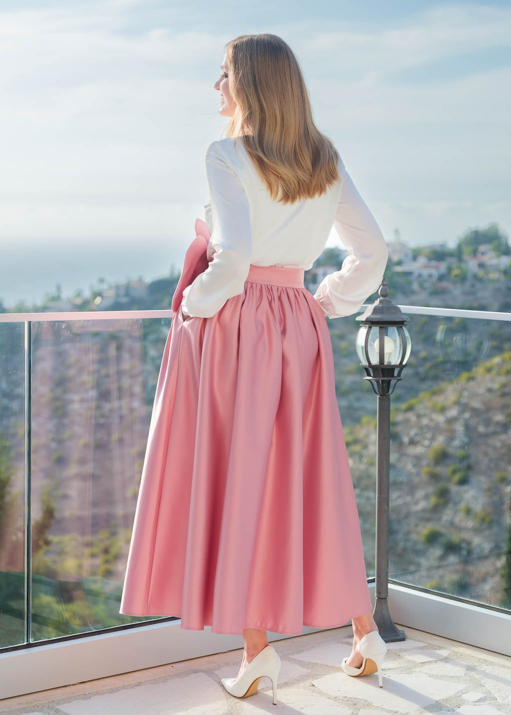 Champagne Rose Luxury Satin Midi Skirt with Adjustable Waist and Pockets