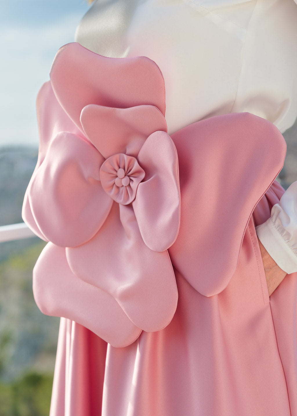 Champagne Rose Luxury Satin Midi Skirt with Detachable Hand Made Flower