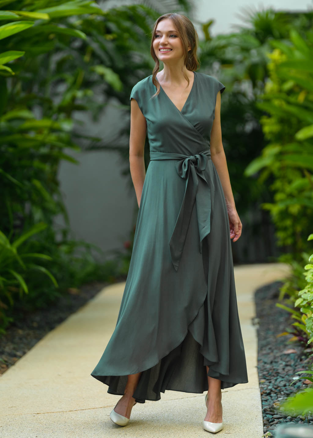 Dark green romantic wrap dress