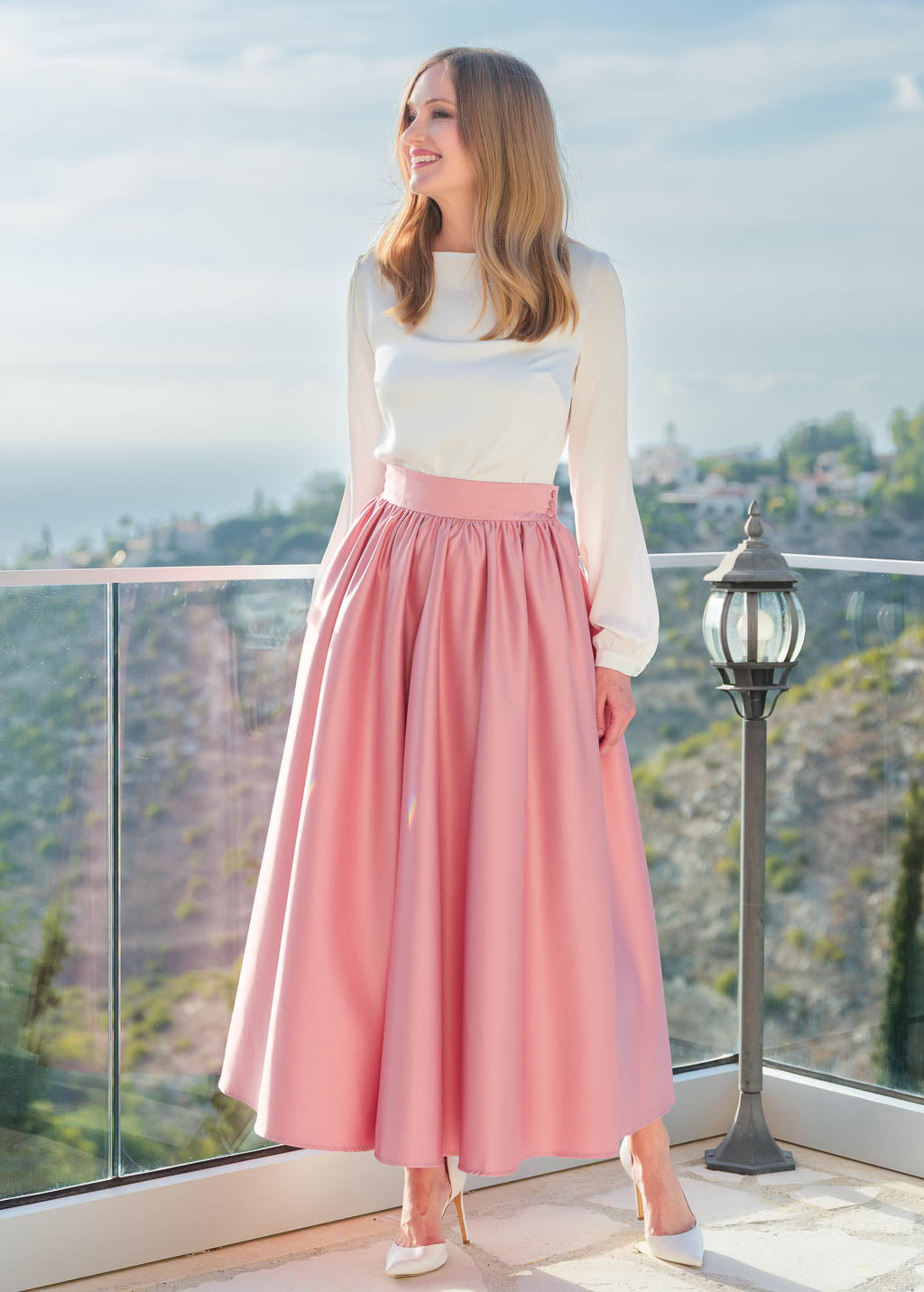 Champagne Rose Luxury Satin Midi Skirt with Adjustable Waist and Pockets