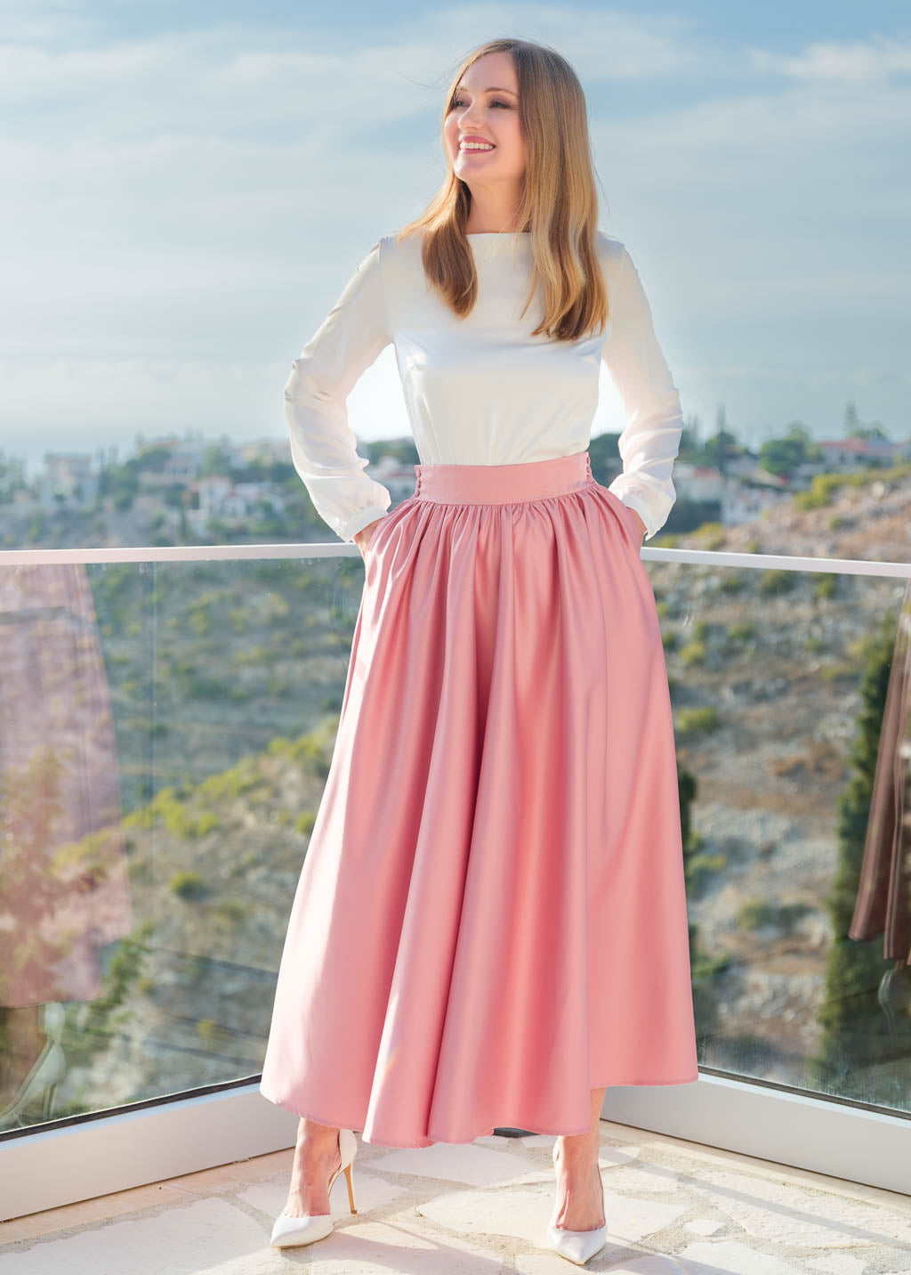 Champagne Rose Luxury Satin Midi Skirt with Adjustable Waist and Pockets