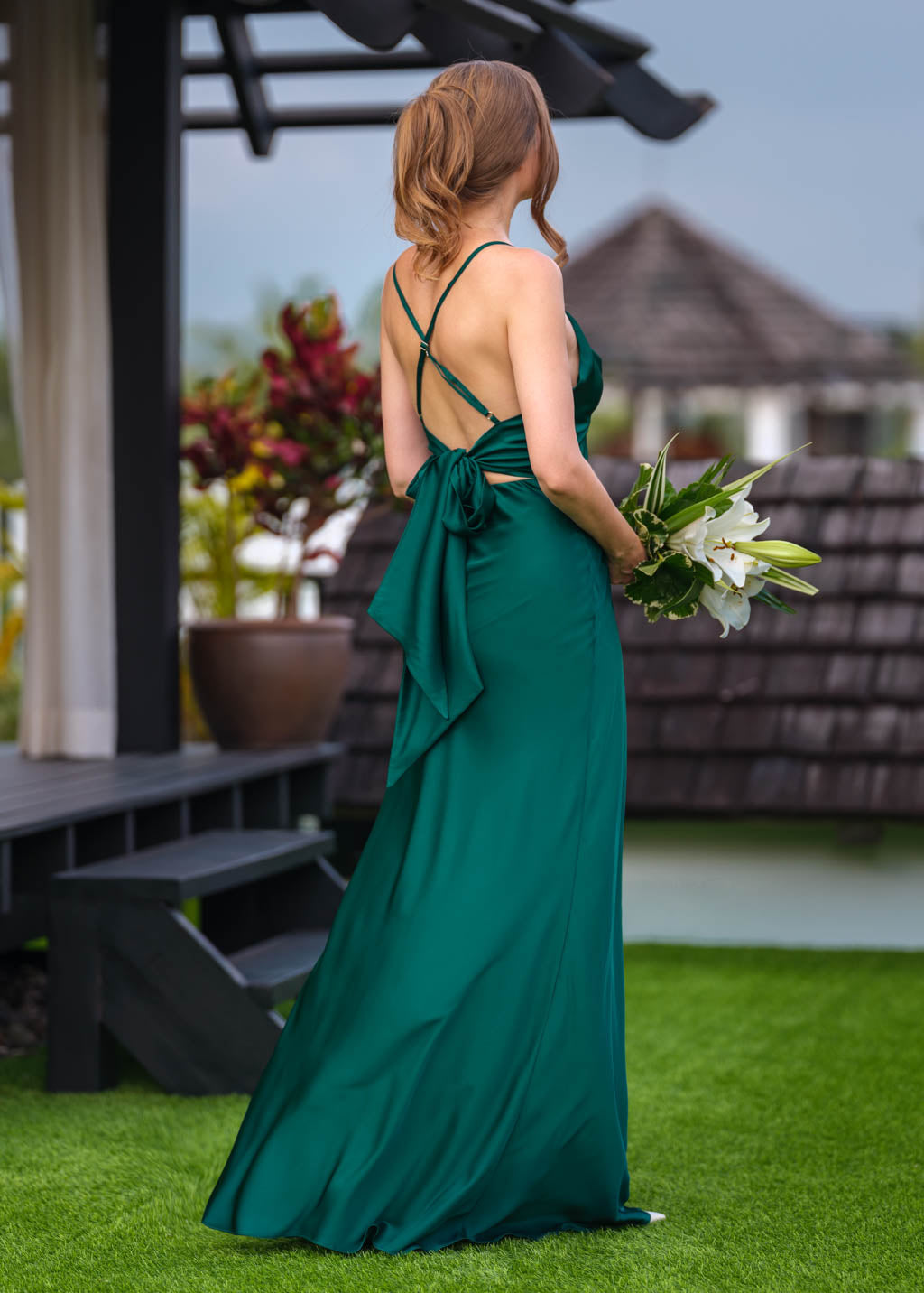 Dark green silk slip slit dress
