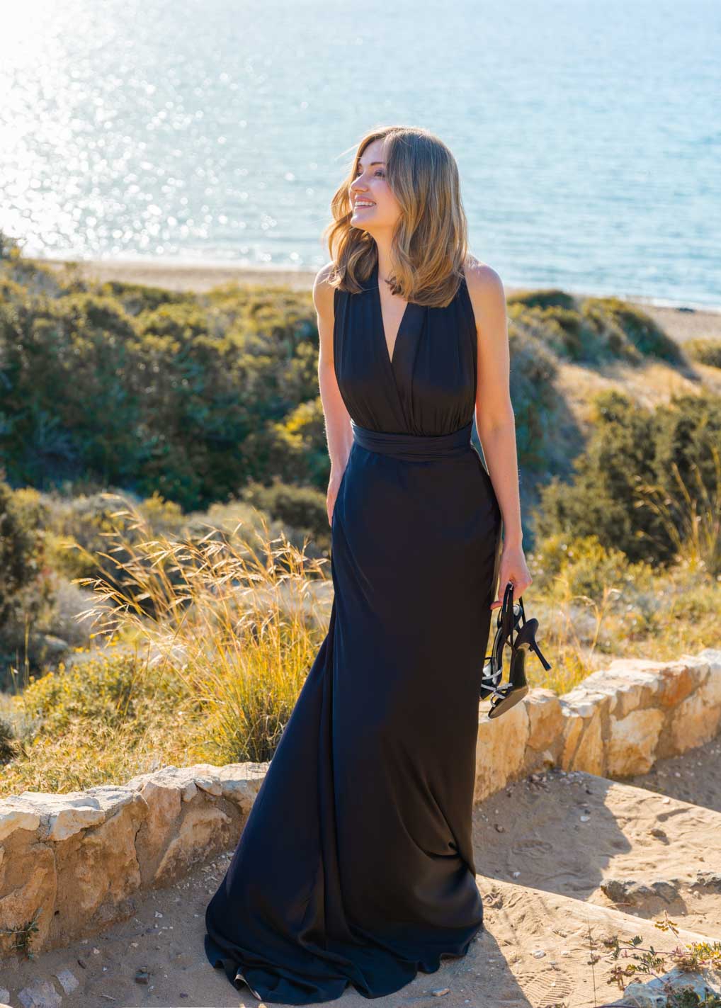 Black infinity silk dress with train
