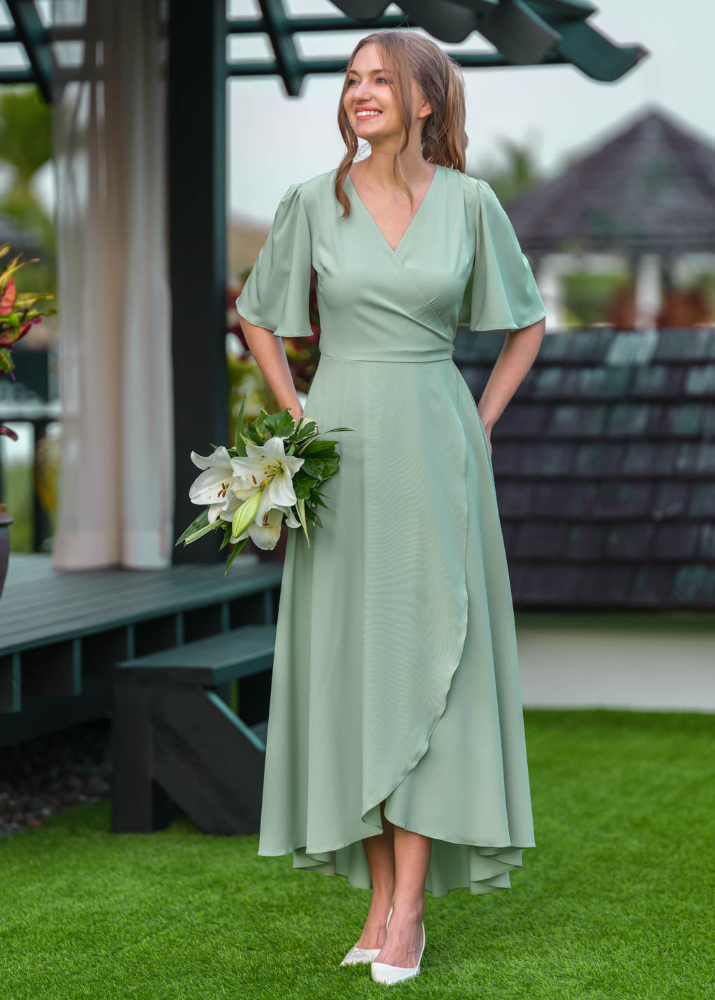 Sage green long wrap dress