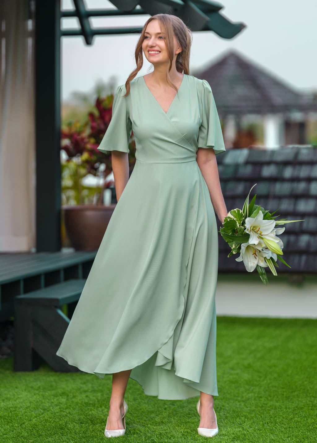 Sage green long wrap dress