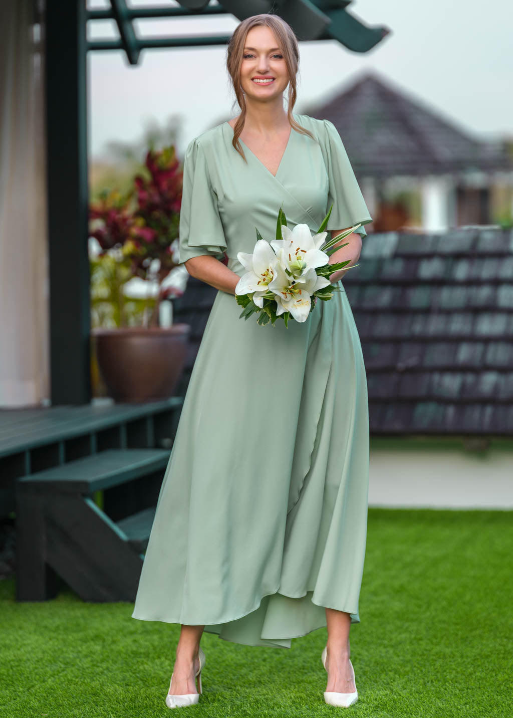 Sage green long wrap dress
