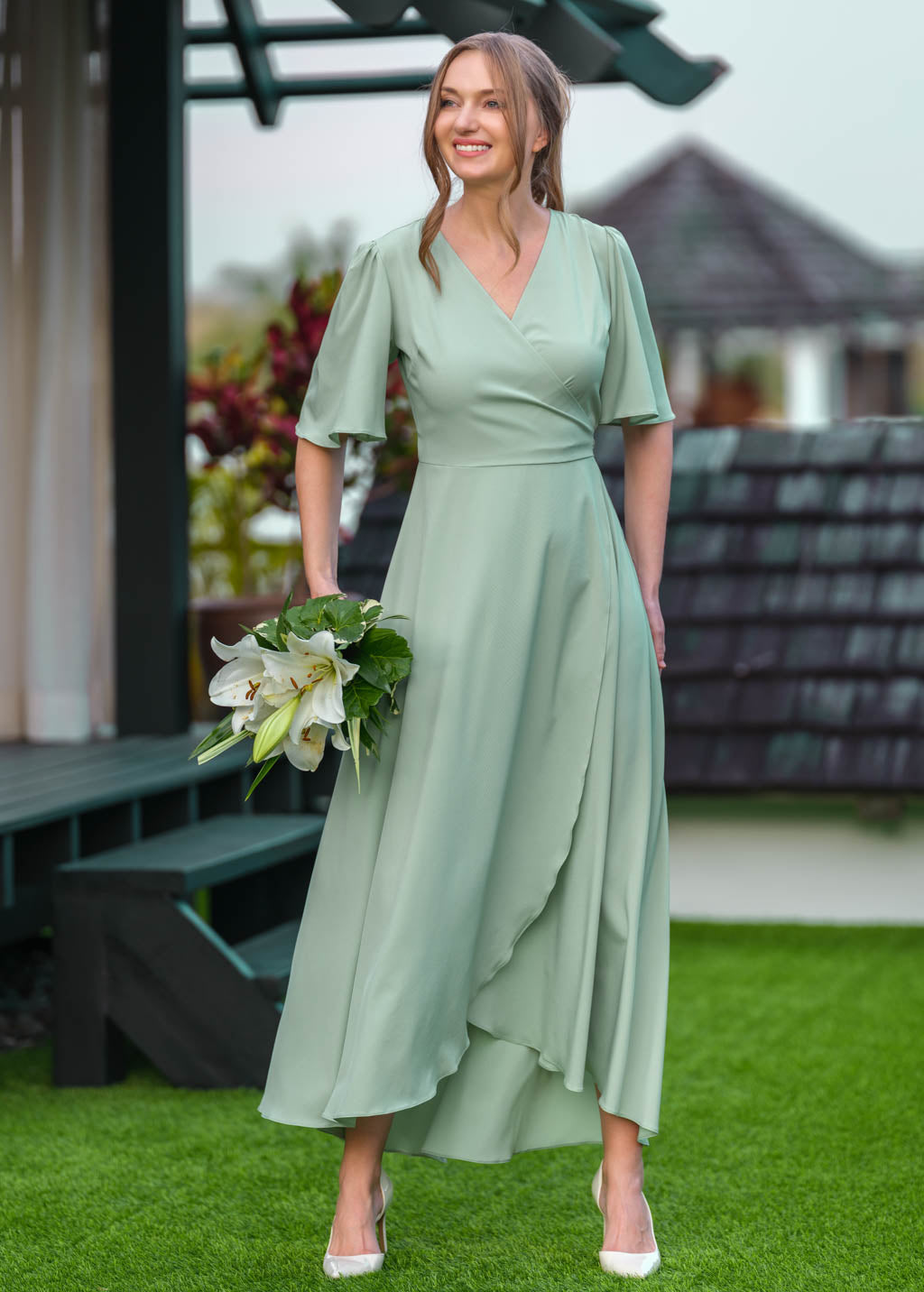 Sage green long wrap dress