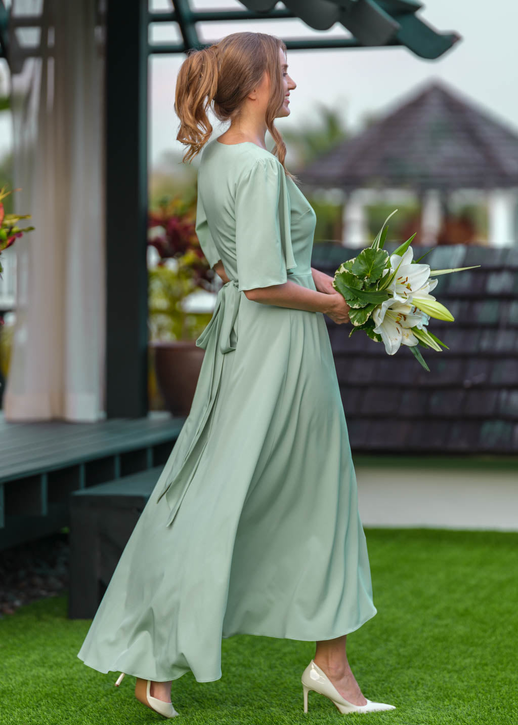 Sage green long wrap dress