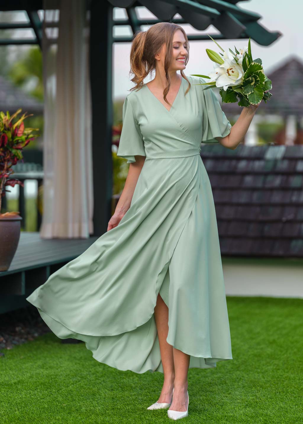 Sage green long wrap dress