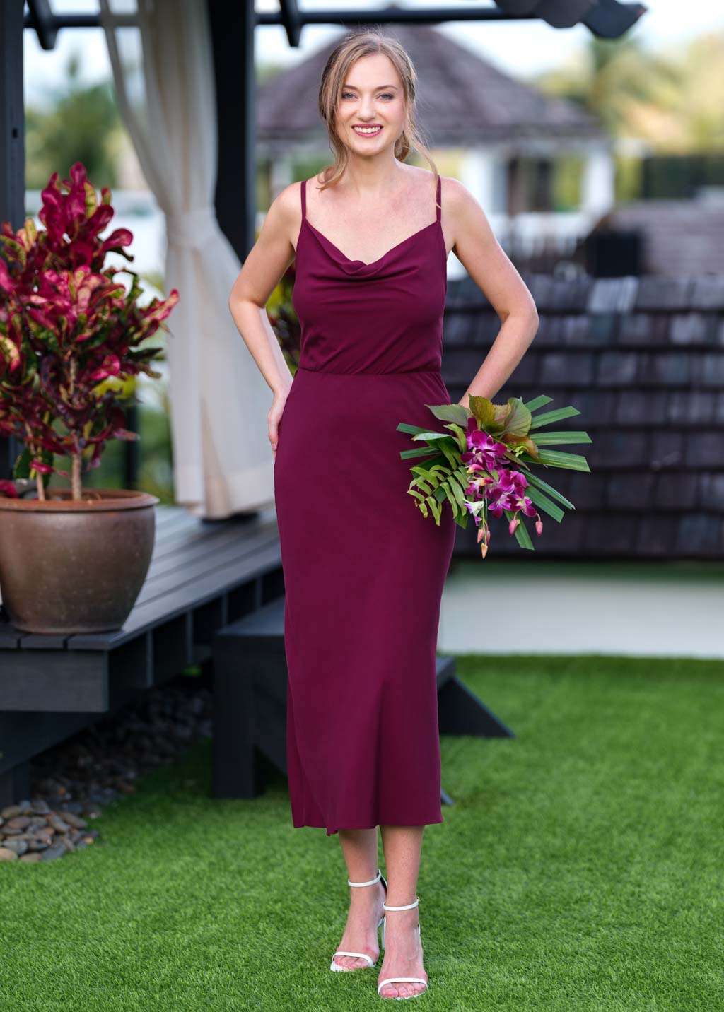Burgundy mid-calf slip dress