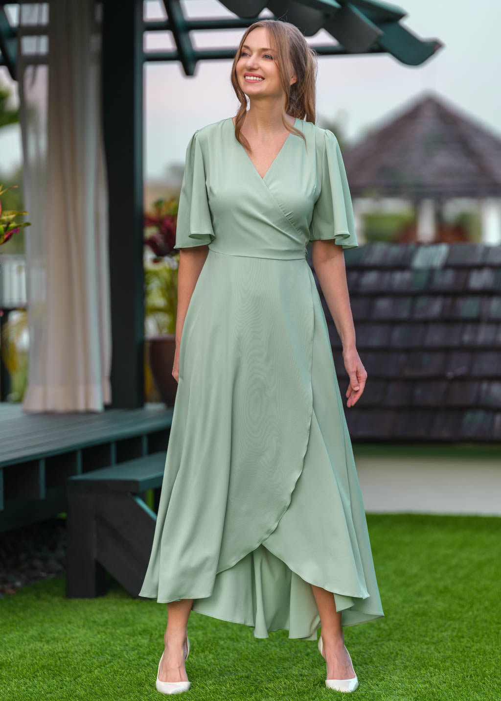Sage green long wrap dress