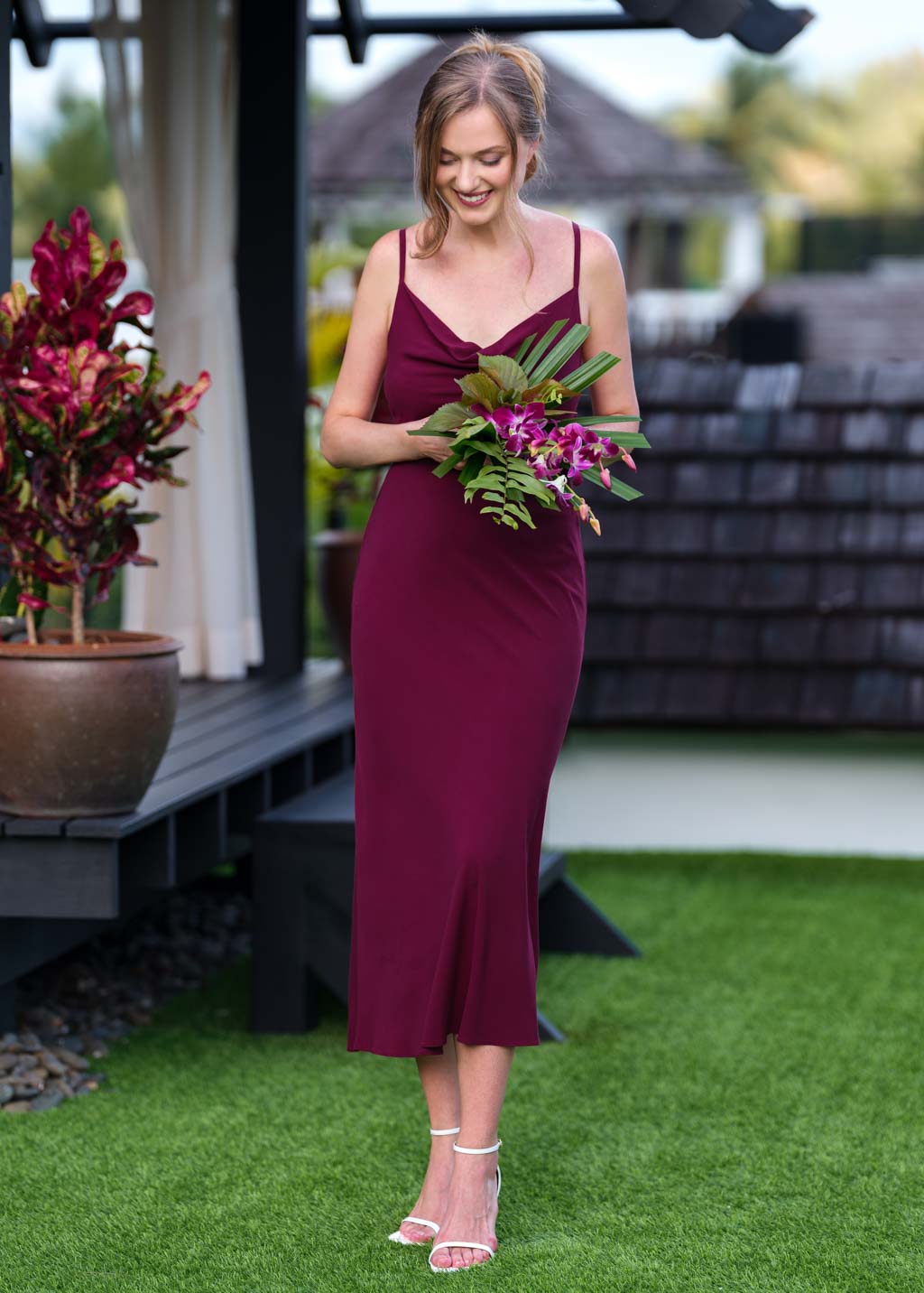 Burgundy mid-calf slip dress