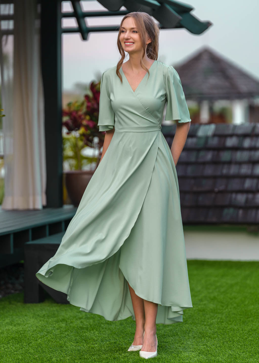 Sage green long wrap dress