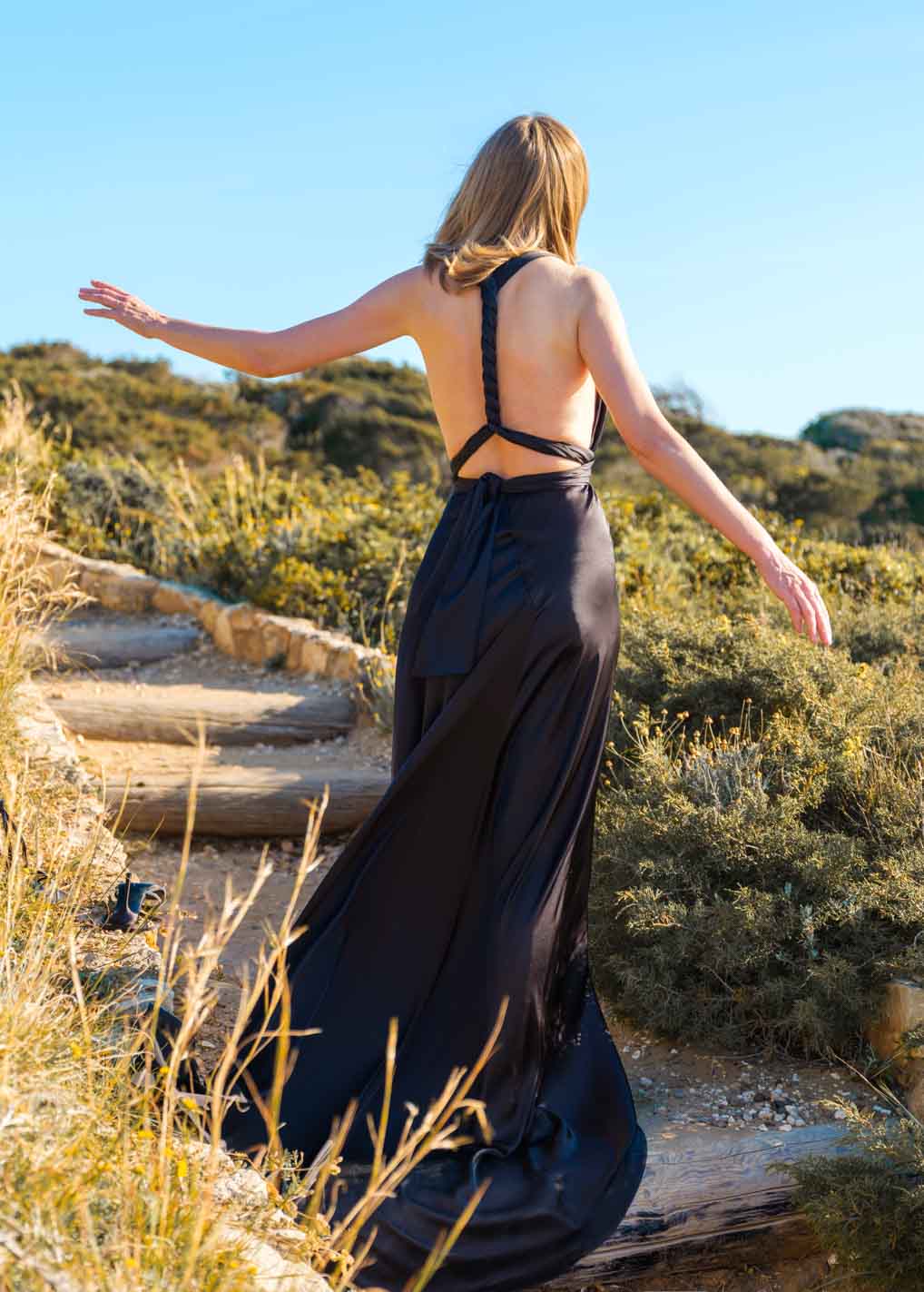 Black infinity silk dress with train