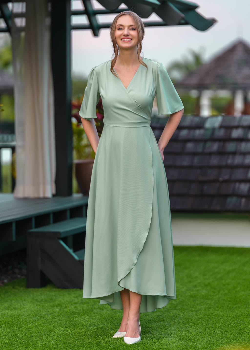 Sage green long wrap dress