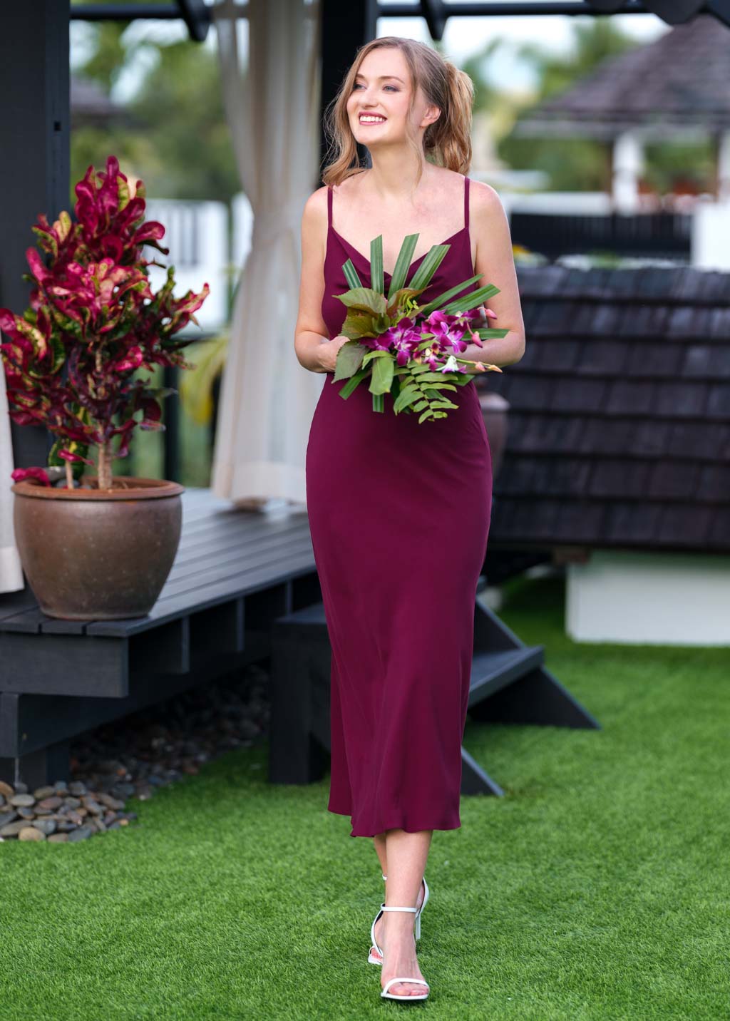 Burgundy mid-calf slip dress
