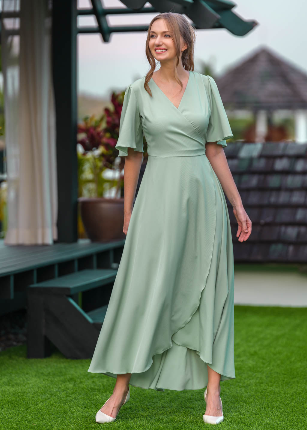 Sage green long wrap dress