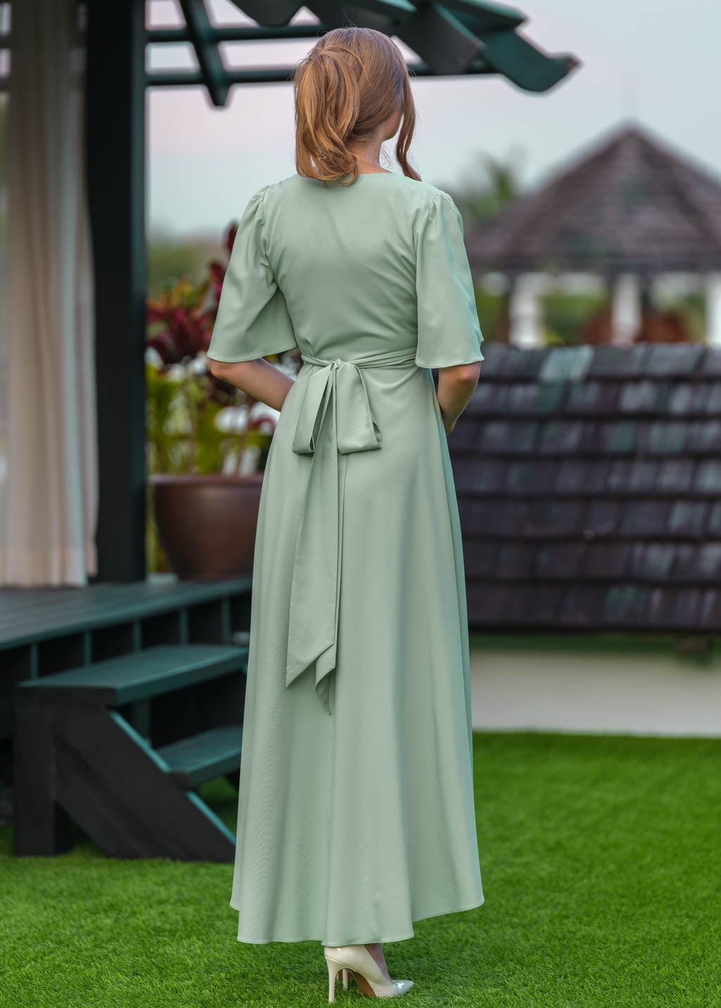 Sage green long wrap dress