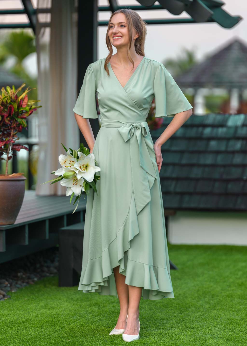 Sage green long wrap dress